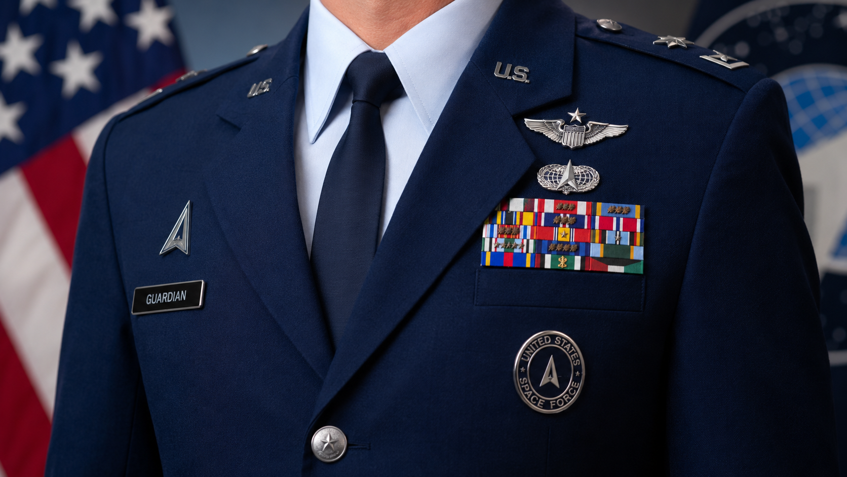 US Space Force Guardian in service dress uniform showing correctly arranged ribbon rack and badges on left chest